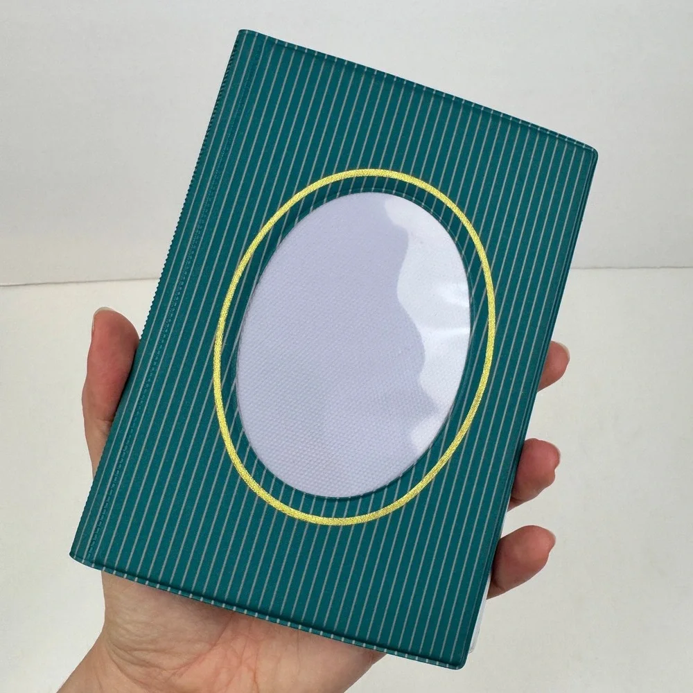 Vtg Photo Picture Album Teal Silver Pinstripes w Gold Accent Oval Open on Cover